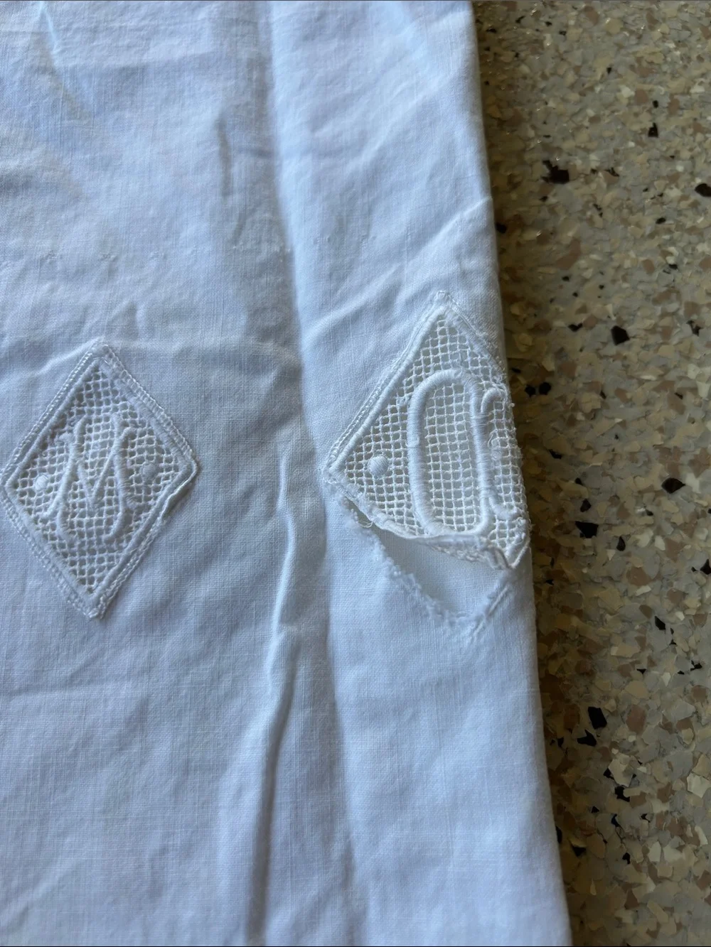 Vintage Pair of White Linen Pillowcase with Pink Lace Trim